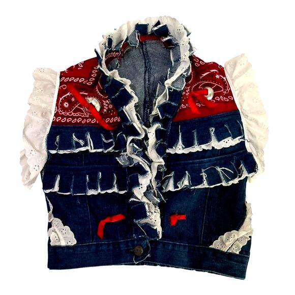 Vintage Wrangler Concho Bandana Fringe Denim Vest 14 Girls Patriotic Rodeo - Picture 1 of 11